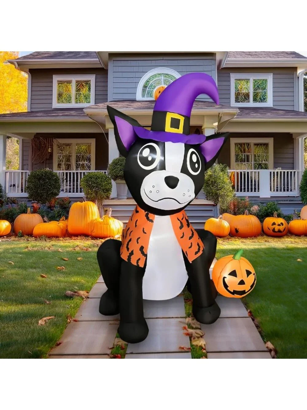 4FT Halloween Inflatable Bulldog with Pumpkin | LED Lighted Yard Decor for